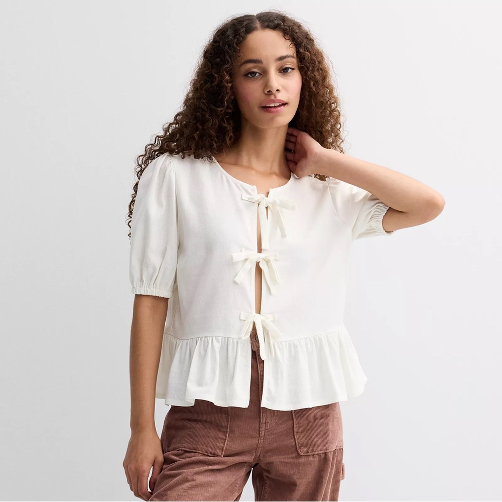 Liberty Love White Tie Front Short Sleeve Top, Viscose Linen, size Small